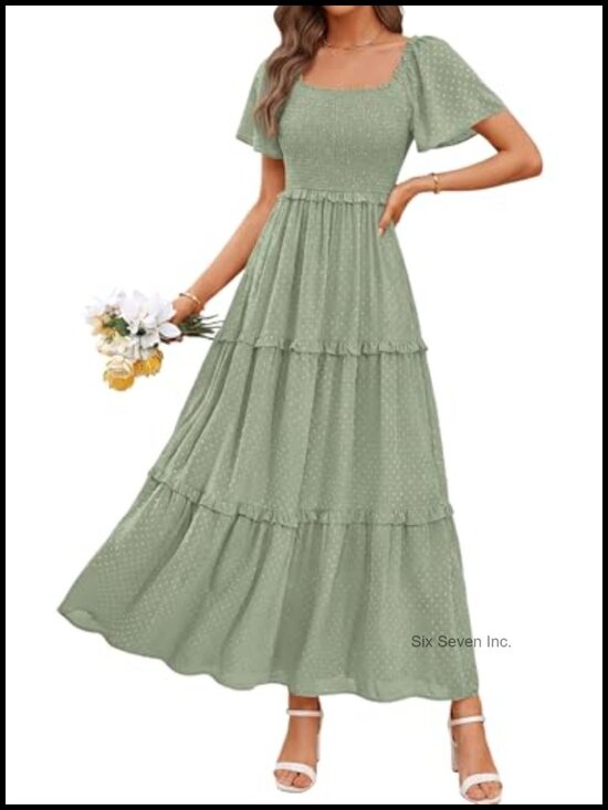 Dresses & Skirts - Women's Boho Maxi Dress Swiss Dot Smocked Square Neck Flowy Summer Dress